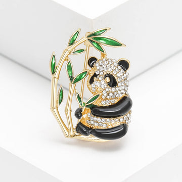 Crystal Panda on Green Bamboo Brooch Decorative Clothing Pin