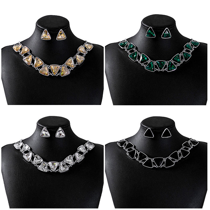 Geometric Triangle Necklace Earring Sets Four Crystal Colors