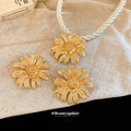 Gold Textured Daisy Flower Earrings Twisted Rope Choker Necklace view 4