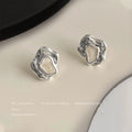 Silver Tone Molten Texture Irregular Open Sculpted Stud Earrings view 3
