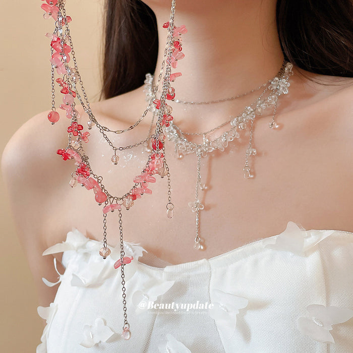 Layered Crystal Bead Necklaces in Pink and Clear Colorways