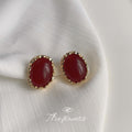 Gold Oval Cabochon Stud Earrings Textured Frame Red Black view 6