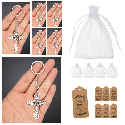 A collage shows the cross keychain beside a white drawstring bag and brown printed tags.