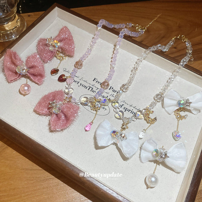 Fabric Bow Pearl Necklace Stud Earrings Pink White
