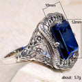 Royal Blue Rectangular Crystal Filigree Ring in Silver Tone view 5