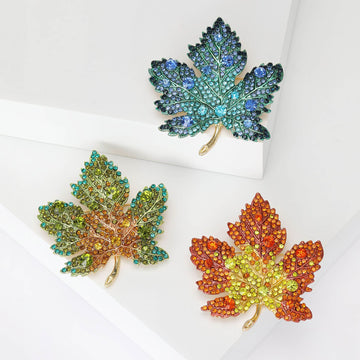Crystal Maple Leaf Brooch in Green Blue and Orange