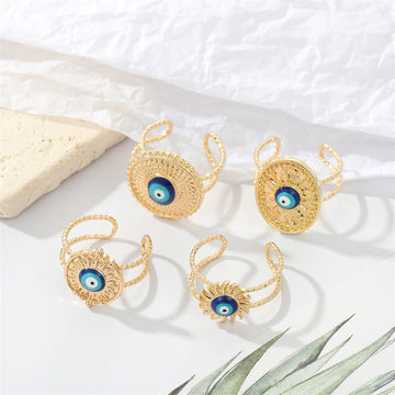 Gold Tone Openwork Blue Evil Eye Adjustable Cuff Rings