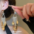 Gold Tone Crystal Chain and Disc Fringe Hook Earrings view 2