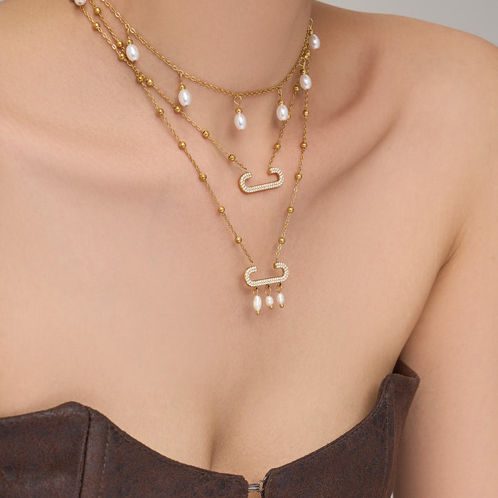 Gold Tone Pave Paperclip and Pearl Drop Necklace Styles