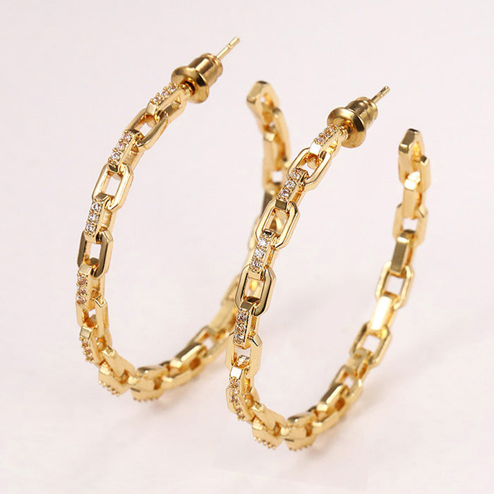 Gold Tone Open Link Chain Hoop Earrings With Geometric Shape