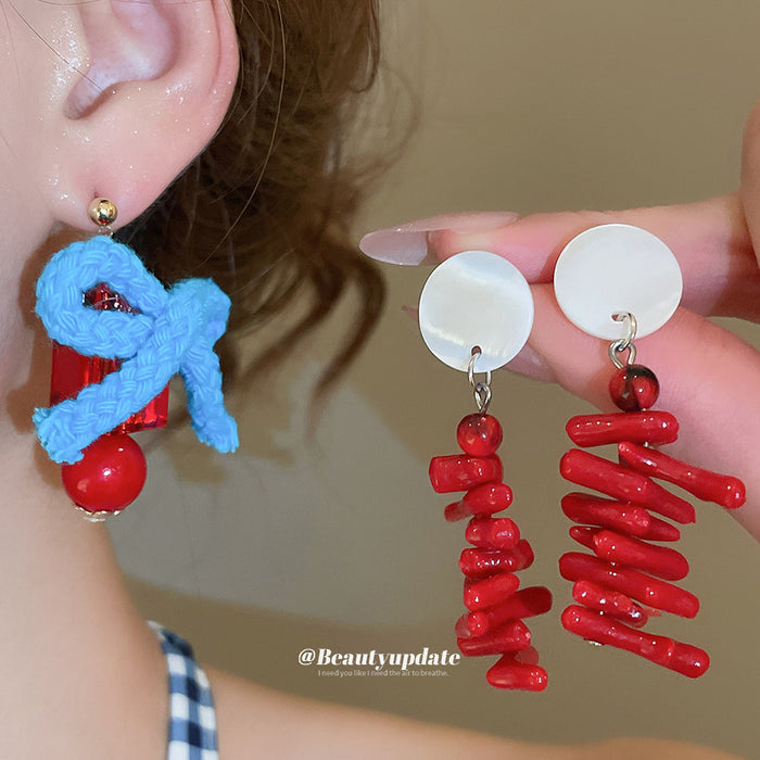 Red Coral Branch and Blue Bow Mismatched Stud Earrings