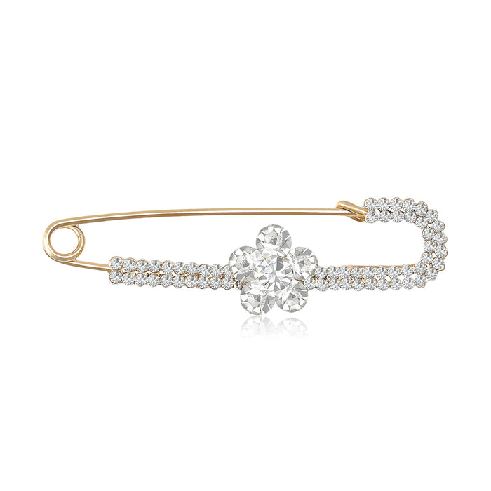 Crystal Safety Pin Brooch With Flower Detail in Two Tones
