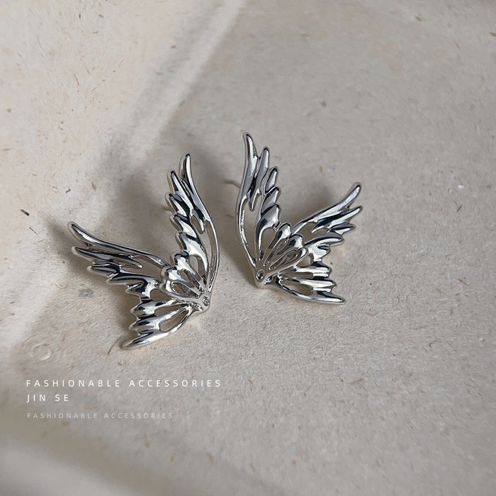 Silver Hollow Butterfly Wing Stud Earrings Abstract Pair