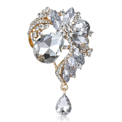 Front view of crystal floral teardrop brooch with dangle accent decorative metal pin