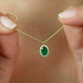 Gold Tone Green Oval Halo Pendant Necklace on Fine Chain view 1
