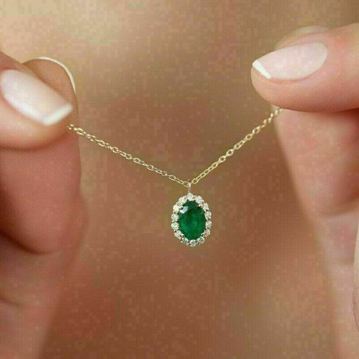 Gold Tone Green Oval Halo Pendant Necklace on Fine Chain