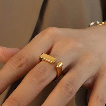 Gold Geometric Open Adjustable Flat Bar Sphere Ring