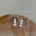 Gold Tone Iridescent Shell Disc And Triple White Pearl Stud Earrings view 3