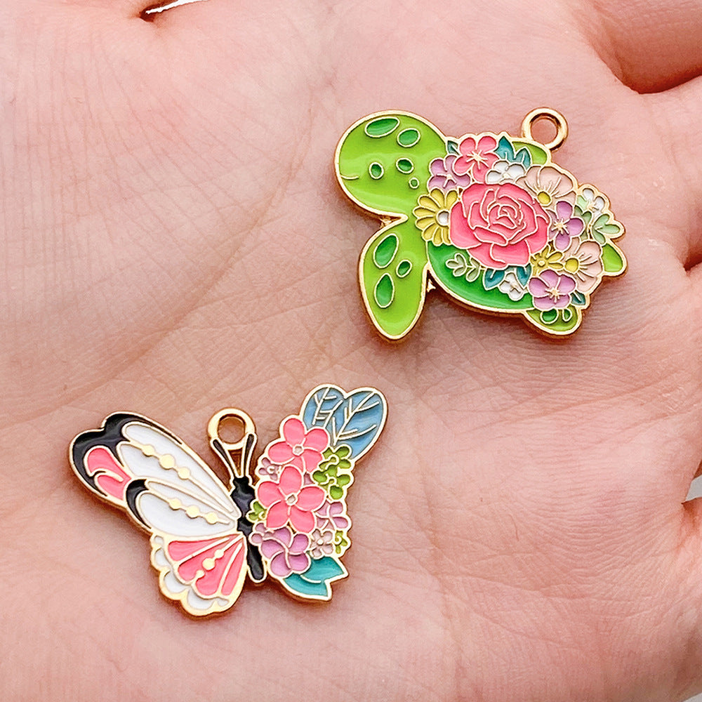 Enamel Zinc Alloy Butterfly Flower Enamel Charm Pendants