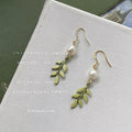 Gold Tone White Pearl And Green Leaf Branch Hook Earrings view 4