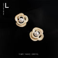 Gold White Enamel Openwork Camellia Pearl Stud Earrings view 3