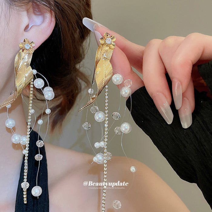 Gold Tone Leaf and Pearl Branch Dangle Stud Earrings