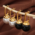 Gold Square Frame Ball Drop Earrings White Cream Black view 2
