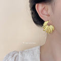 Gold Matte Ribbed Ginkgo Leaf Fan Statement Stud Earrings view 2