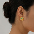 Green Eye Crystal Square Stud Earrings in Gold Tone view 3
