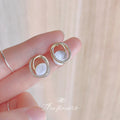 Gold CZ Pave Oval Frame White Cat Eye Stud Earrings view 3