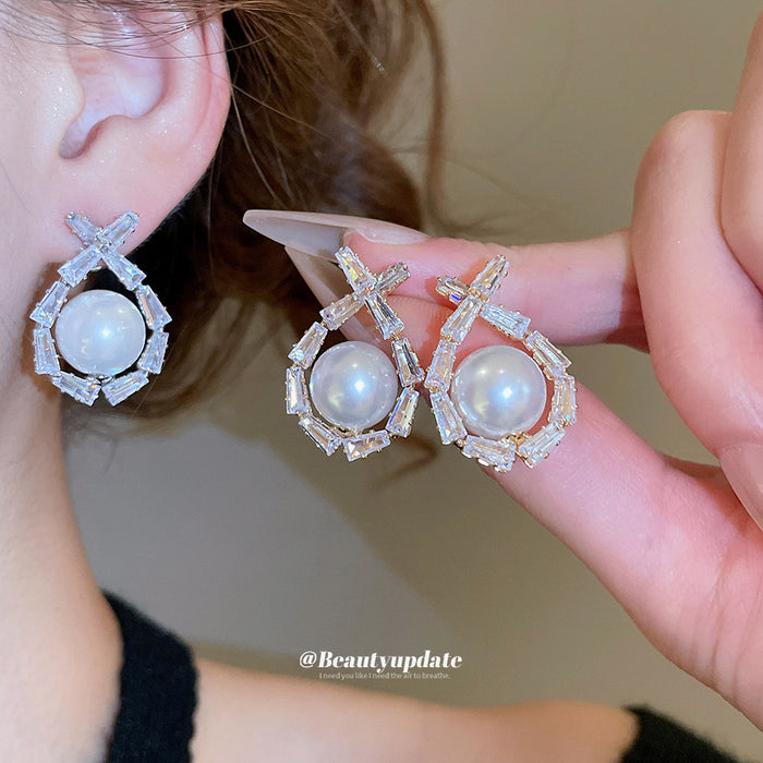 Pearl Disc Crystal Stud Earrings in Gold and Silver
