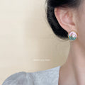 Pink Green Enamel Pearl Wheat Stud Earrings Gold Rim view 2