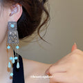 Antique Silver Blue Bead Long Tassel Earrings Statement Jewelry view 3