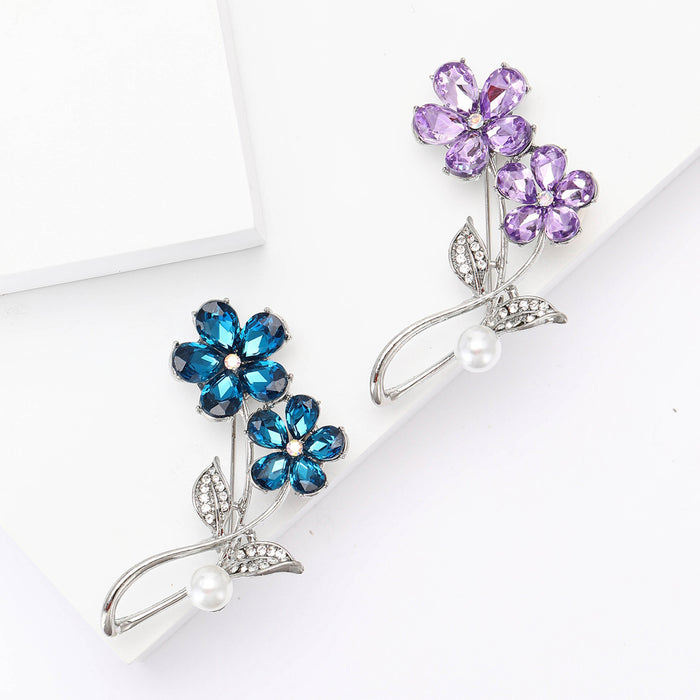Double Crystal Flower Brooch With Curved Stem and Pearl Accent