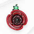 Red Enamel Poppy Flower Brooch Rhinestone Green Leaf Pin view 3