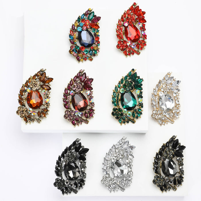 Paisley Crystal Leaf Brooch with Faceted Stones for Jackets and Scarves