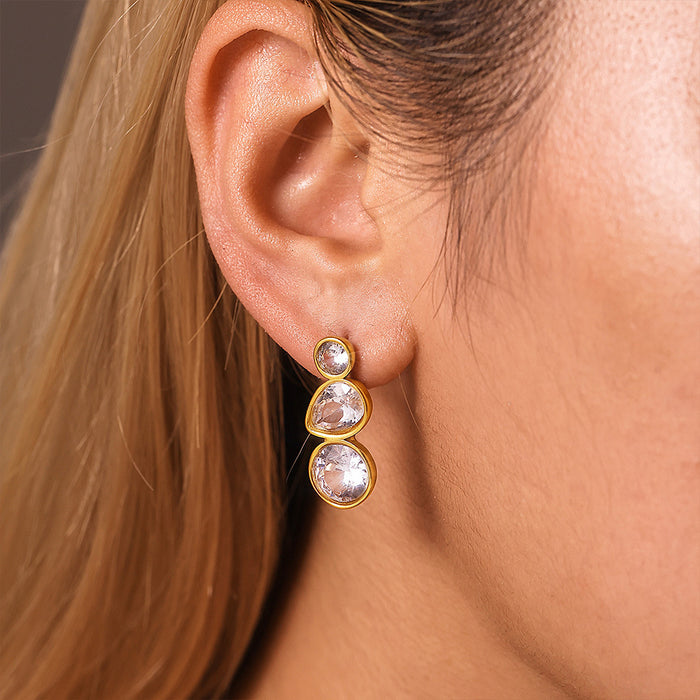 Three Stone Drop Earrings Round Pear Clear Zircon Gold Steel