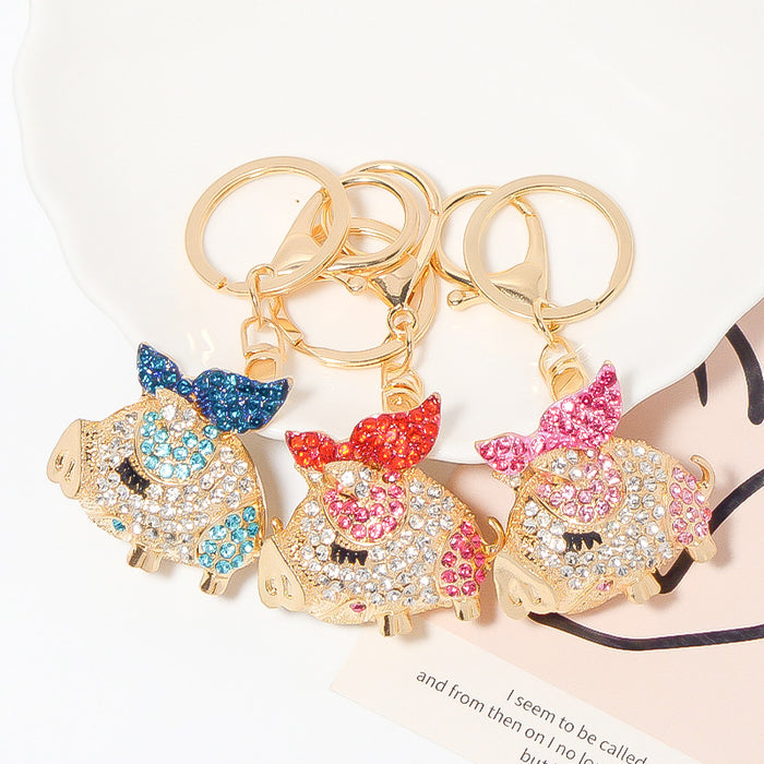 Rhinestone Pig Keychain Gold Metal Bow Four Color Options