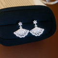 Silver Crystal Fan Drop Stud Earrings with Openwork Ribs view 6