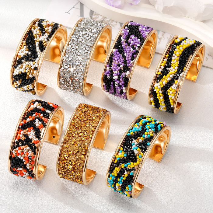 Gold Tone Crushed Stone and Beaded Wide Open Cuff Bracelets