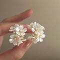 White Flower and Pearl Cluster Statement Stud Earrings view 2