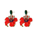 Red Enamel Flower Stud Earrings With Green Oval Tops view 5