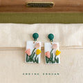 Polymer Clay White Tulip Rectangle Drop Earrings Green Stud view 3