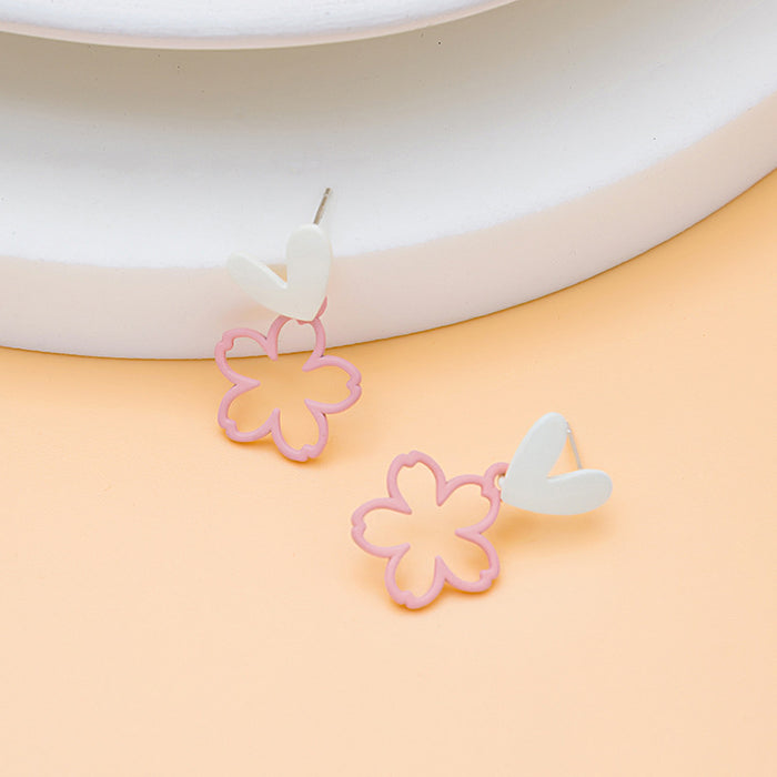 Heart Top Open Flower Asymmetric Stud Earrings in Two Colors