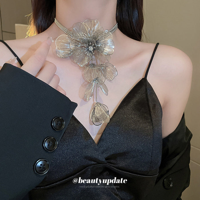 Wire Mesh Flower Cascade Tassel Necklace Gold Silver