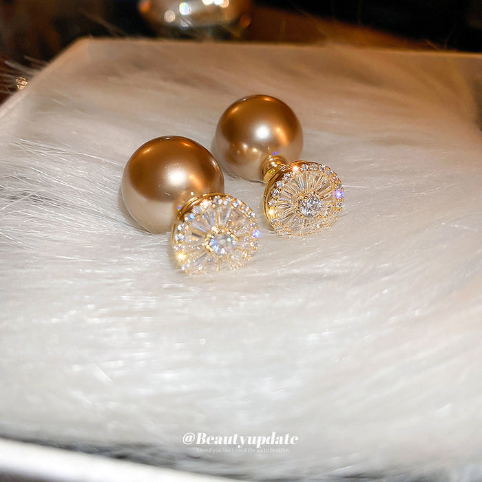 Champagne Pearl and Crystal Double Sided Stud Earrings
