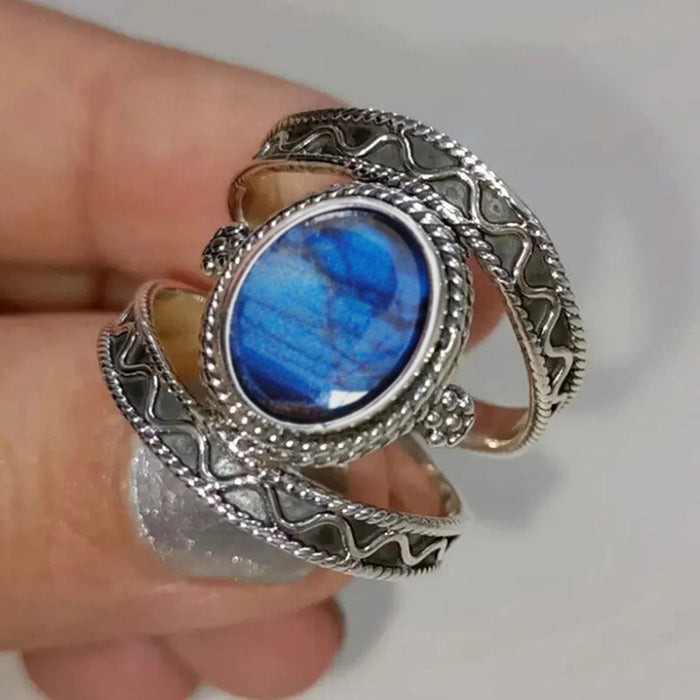 Antique Silver Blue Oval Cabochon Wrap Finger Ring Sizes 6-10