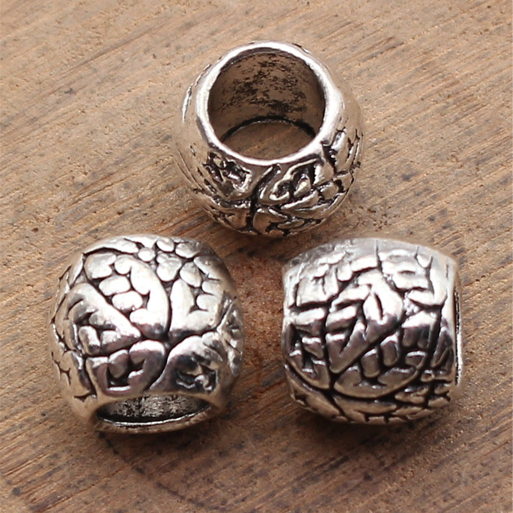 9.4x9.4x8.5mm 1.6g Antique Silver Zinc Alloy Leaf Texture Large Hole Spacer Beads for Bracelet Making