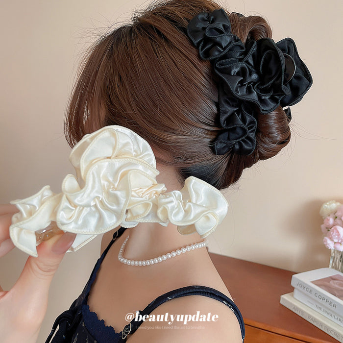 Black Ruffled Fabric Claw Hair Clip With Pearl Accent