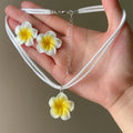 White Yellow Plumeria Cord Necklace Earring Two-Piece Set view 3